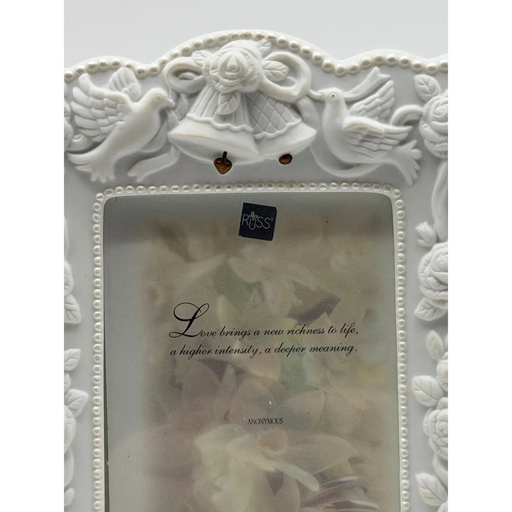 Vintage Russ Berrie White Porcelain Wedding Frame Roses Doves Cross 3.5x5 14389